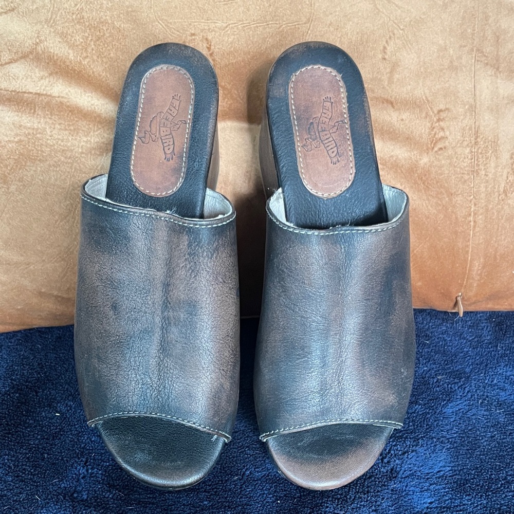 FreeBird leather Open-Toe Mule Heels in Brown